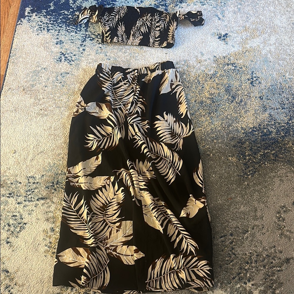 Tropical Black and Cream Crop Top and Skirt